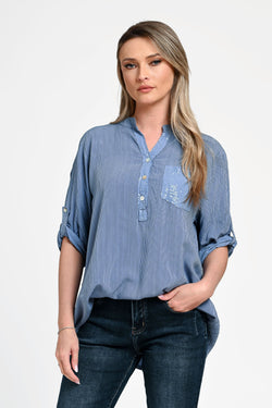 Bluză damă bleu cu dungi fine și detalii discrete Daria Natalee Fashion