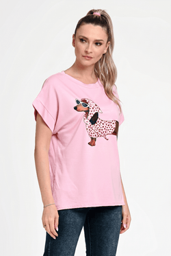 Bluză damă casual Mara roz cu imprimeu cățel Natalee