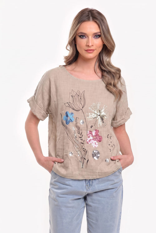Bluză damă coral cu imprimeu floral și paiete Amalia S / gri Natalee