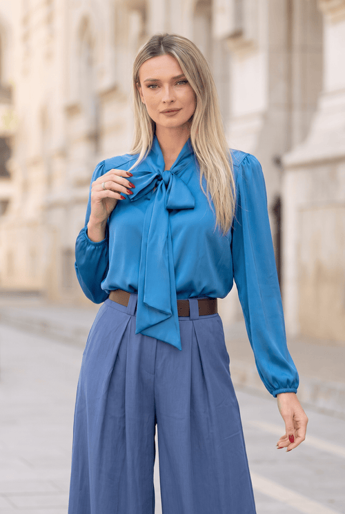 Bluza damă cu fundă albastră - Clara Natalee