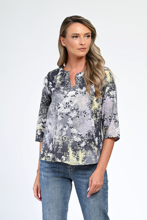 Bluză damă cu imprimeu floral gri-lila – Liora Natalee Fashion