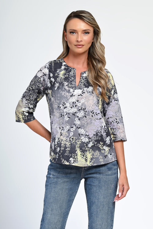 Bluză damă cu imprimeu floral gri-lila – Liora Natalee Fashion
