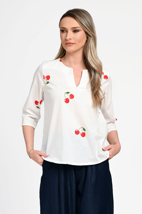 Bluză damă din bumbac cu imprimeu cireșe. Cristina Natalee Fashion