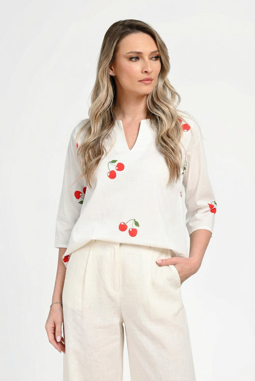 Bluză damă din bumbac cu imprimeu cireșe. Cristina Natalee Fashion