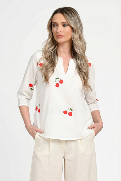 Bluză damă din bumbac cu imprimeu cireșe. Cristina Natalee Fashion