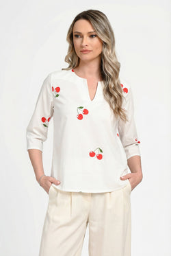 Bluză damă din bumbac cu imprimeu cireșe. Cristina Natalee Fashion