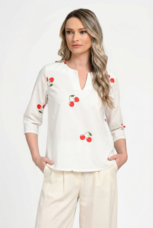 Bluză damă din bumbac cu imprimeu cireșe. Cristina Natalee Fashion