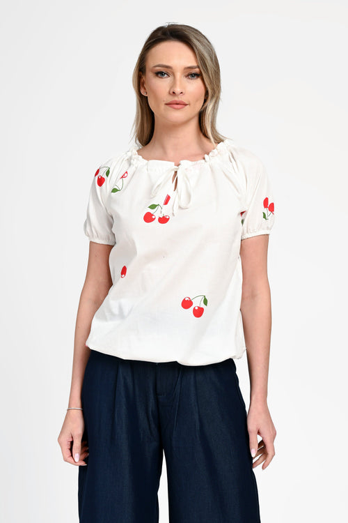 Bluză damă din bumbac cu imprimeu cireșe Ioana Natalee Fashion