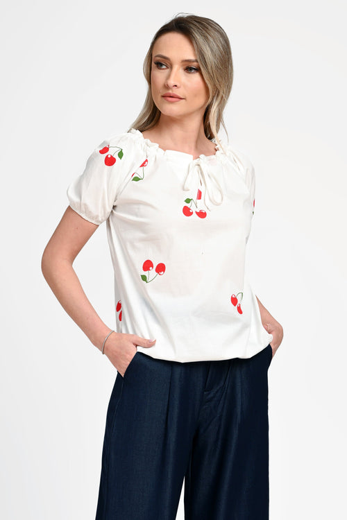 Bluză damă din bumbac cu imprimeu cireșe Ioana Natalee Fashion