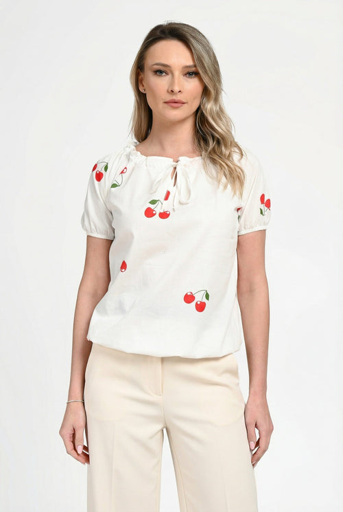 Bluză damă din bumbac cu imprimeu cireșe Ioana Natalee Fashion