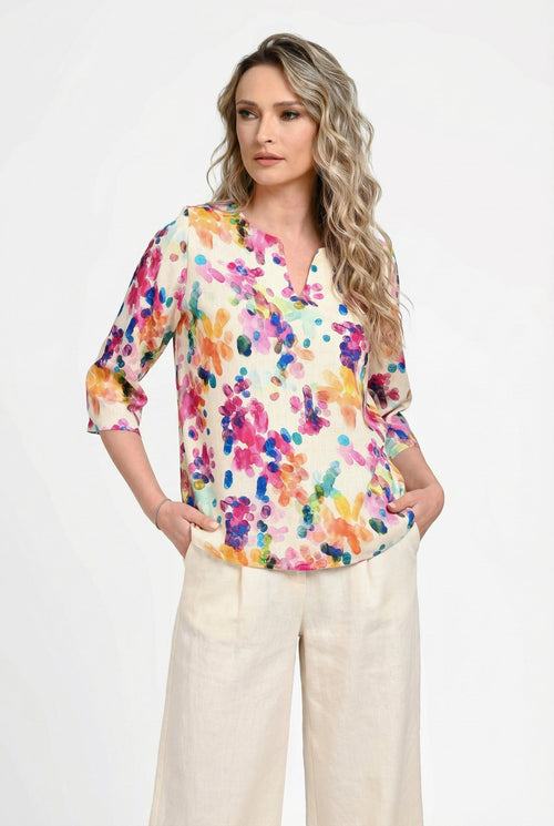 Bluză damă din in cu viscoză cu imprimeu colorat Monica Natalee