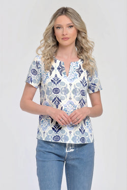 Bluză damă elegantă Alina albastru cu imprimeu floral Natalee