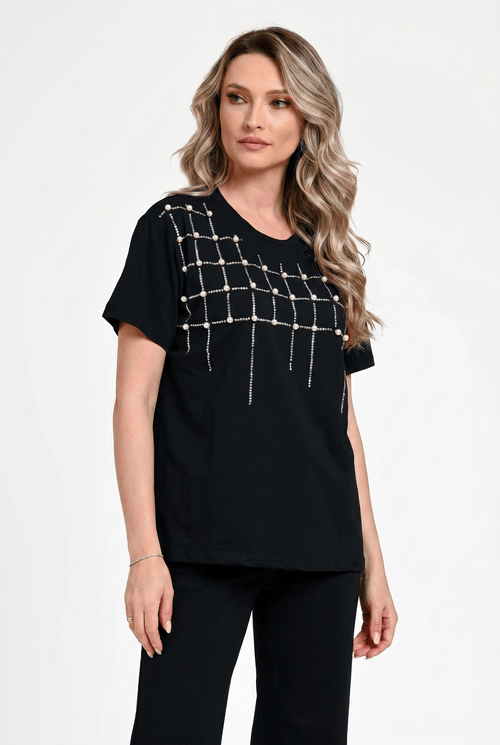 Bluză damă elegantă Bianca neagră cu aplicații perle și strasuri Natalee