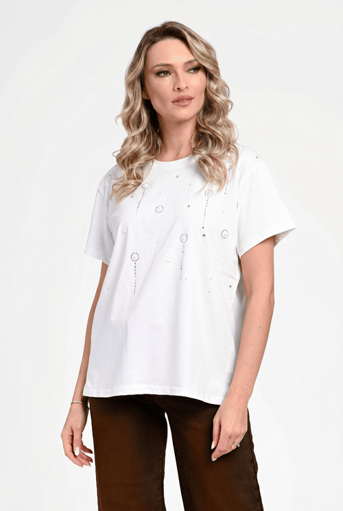 Bluză damă elegantă Diana albă cu aplicații strălucitoare Natalee Fashion