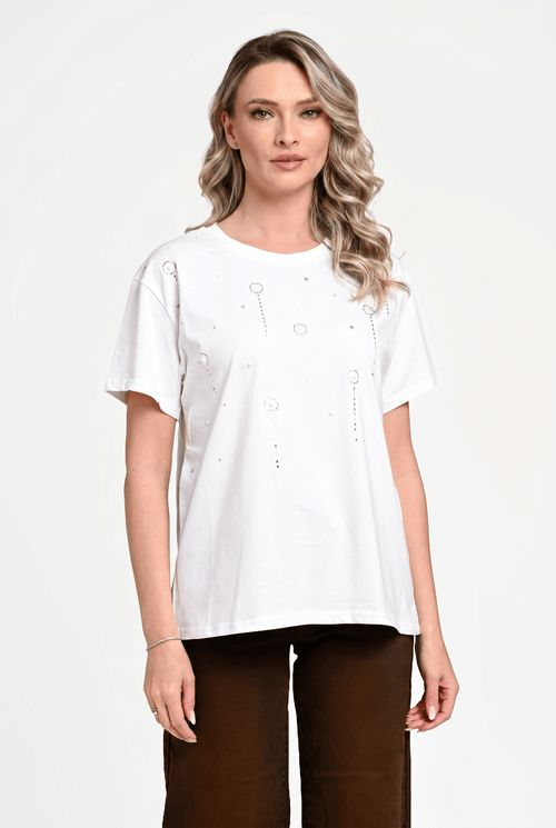 Bluză damă elegantă Diana albă cu aplicații strălucitoare Natalee Fashion