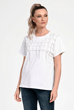 Bluză damă elegantă Sofia albă cu aplicații perle și strasuri Natalee