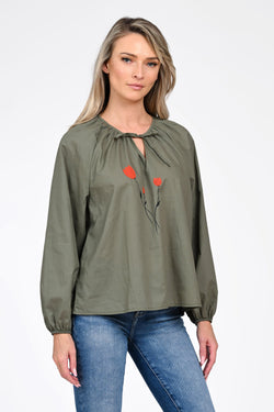 Bluză damă kaki cu broderie florală și decolteu ajustabil Natalee Fashion