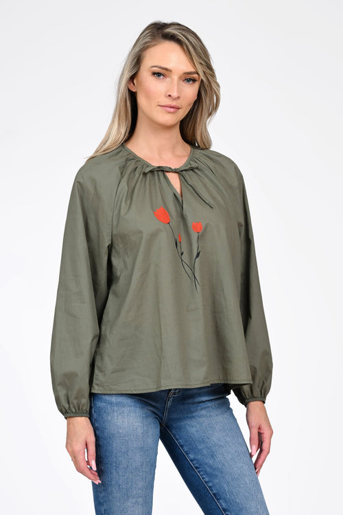 Bluză damă kaki cu broderie florală și decolteu ajustabil Natalee Fashion
