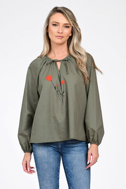 Bluză damă kaki cu broderie florală și decolteu ajustabil Natalee Fashion