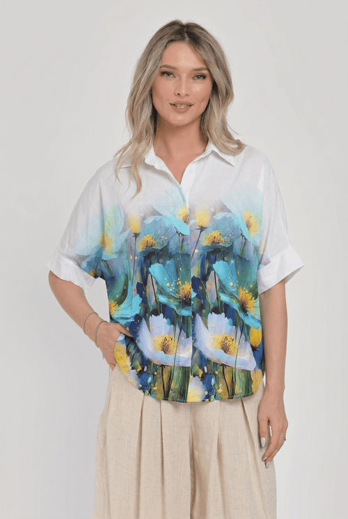 Bluză damă lejeră cu imprimeu floral albastru-verde, din vâscoză Natalee