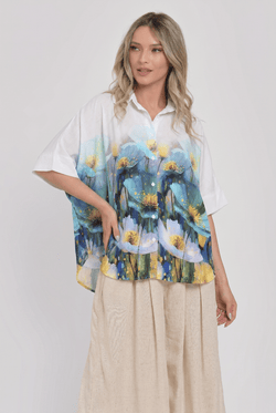 Bluză damă lejeră cu imprimeu floral albastru-verde, din vâscoză Natalee
