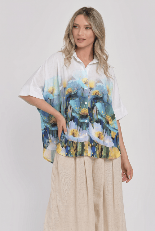 Bluză damă lejeră cu imprimeu floral albastru-verde, din vâscoză Natalee