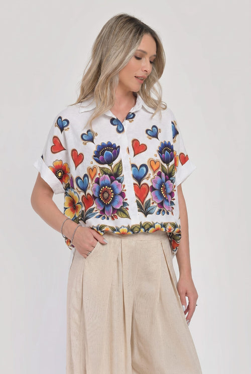 Bluză damă lejeră cu imprimeu floral și inimioare Natalee