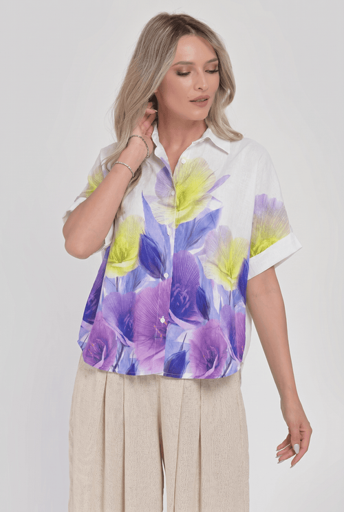 Bluză damă lejeră cu imprimeu floral mov și galben Natalee