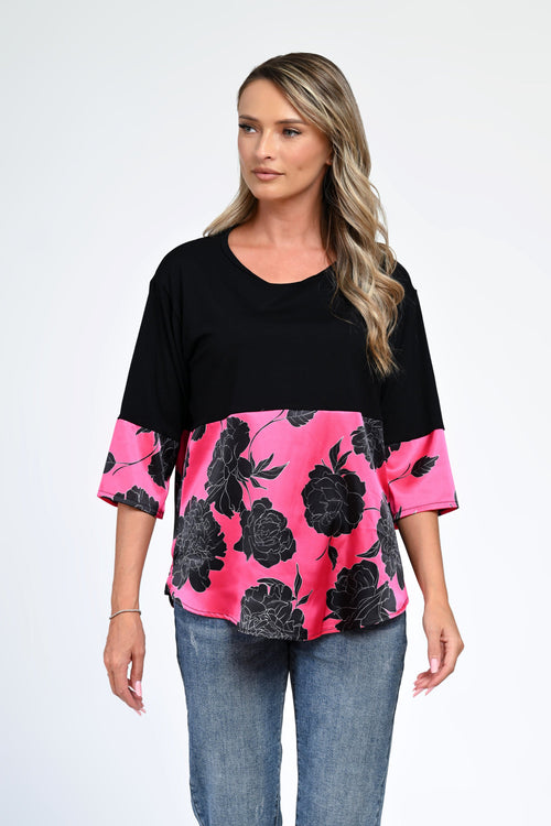Bluză damă neagră cu imprimeu floral pe fundal fucsia – Elara Natalee