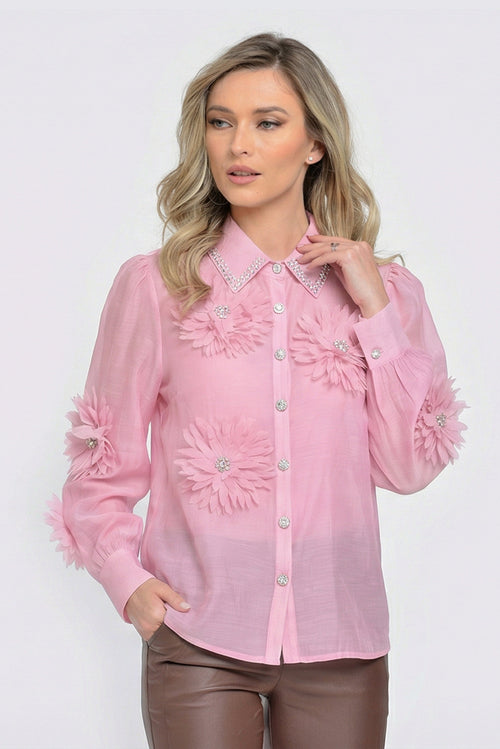 Bluză damă roz cu aplicații florale 3D și nasturi decorativi Natalee