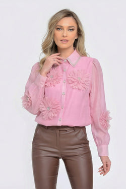Bluză damă roz cu aplicații florale 3D și nasturi decorativi Natalee