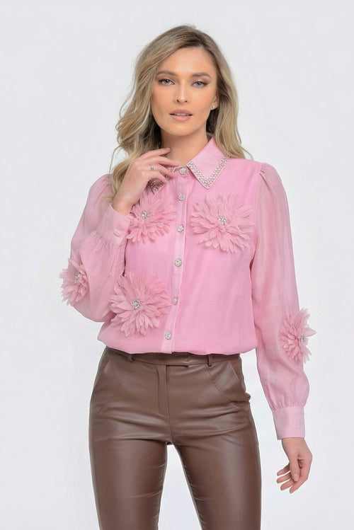 Bluză damă roz cu aplicații florale 3D și nasturi decorativi Natalee