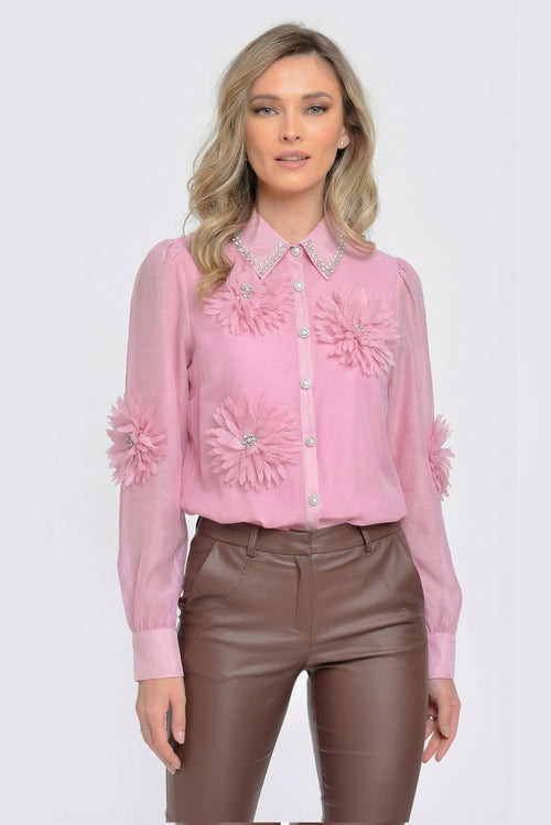 Bluză damă roz cu aplicații florale 3D și nasturi decorativi Natalee
