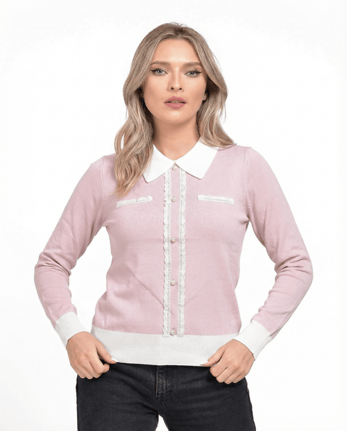 Bluză damă roz pal cu guler alb Natalee