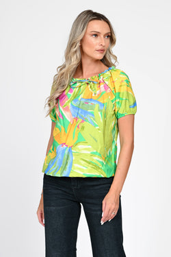Bluză damă verde cu imprimeu tropical și fundă Melisa Natalee Fashion