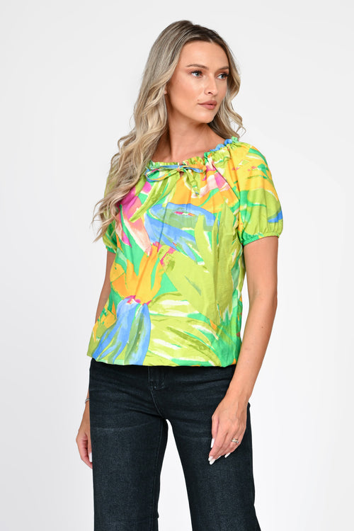 Bluză damă verde cu imprimeu tropical și fundă Melisa Natalee Fashion