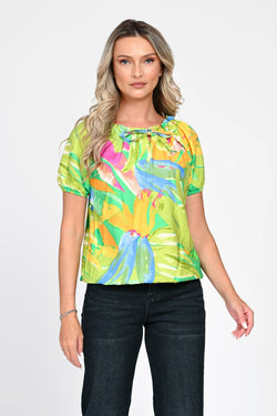 Bluză damă verde cu imprimeu tropical și fundă Melisa Natalee Fashion