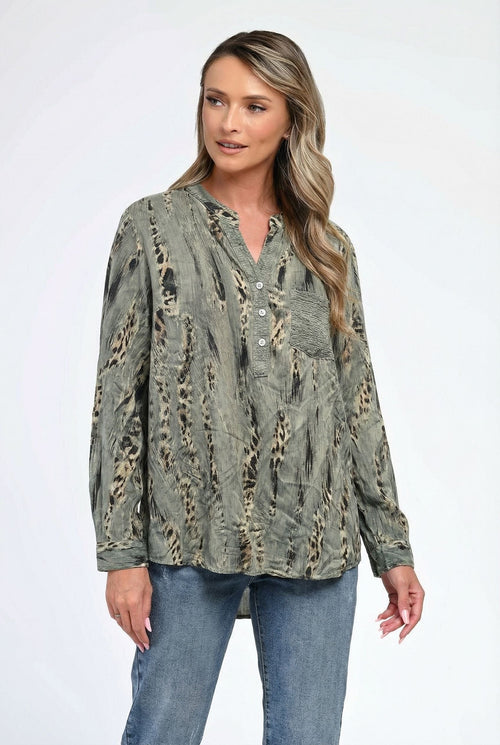 Bluză damă verde kaki cu imprimeu abstract Savanna Natalee