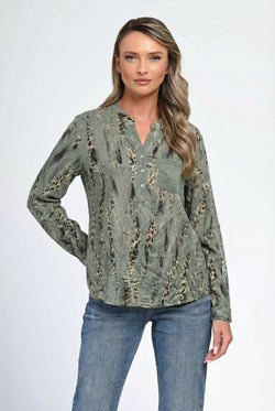 Bluză damă verde kaki cu imprimeu abstract Savanna Natalee