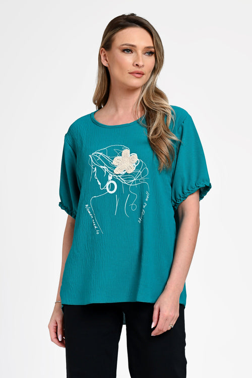 Bluză damă verde smarald cu imprimeu artistic Elara Green Natalee