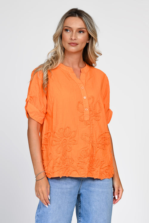 Bluză portocalie din bumbac 100% cu aplicații florale 3D Natalee