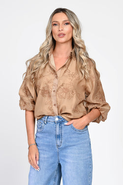 Cămașă camel din voal cu broderie florală și guler din dantelă Natalee