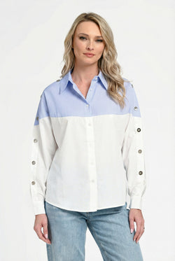 Cămașă damă albă cu inserții bleu în dungi Alina Natalee Fashion