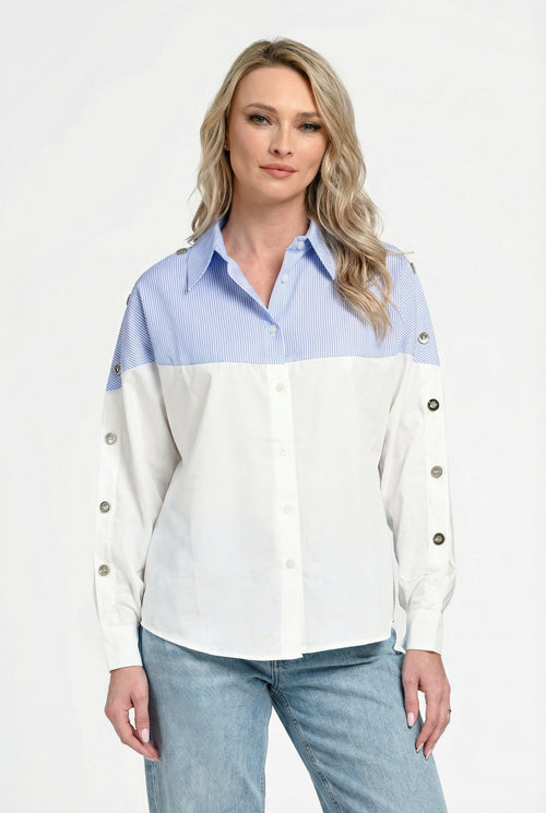 Cămașă damă albă cu inserții bleu în dungi Alina Natalee Fashion