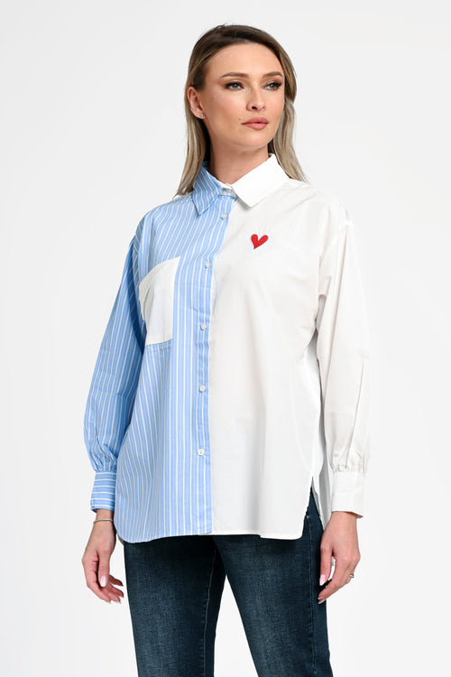 Cămașă damă asimetrică bleu cu alb și detaliu inimă Mara Natalee Fashion
