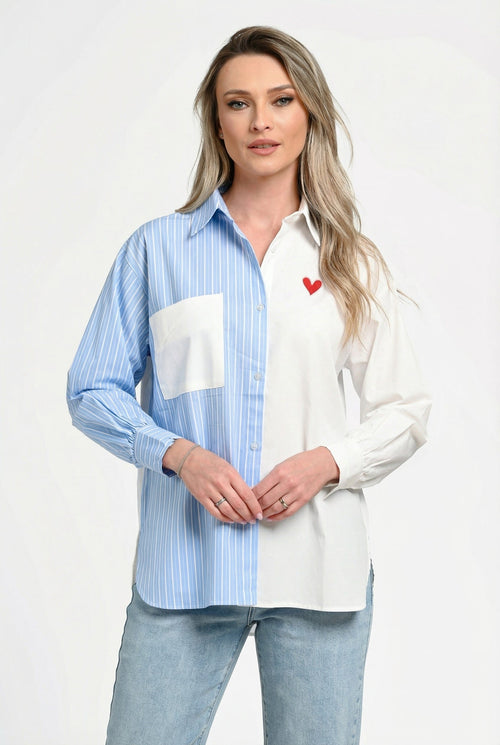 Cămașă damă asimetrică bleu cu alb și detaliu inimă Mara Natalee Fashion
