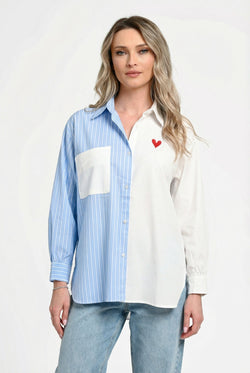 Cămașă damă asimetrică bleu cu alb și detaliu inimă Mara Natalee Fashion