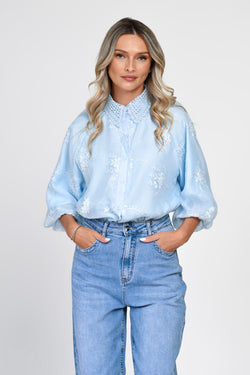 Cămașă damă bleu cu broderie și guler din dantelă Oana Natalee