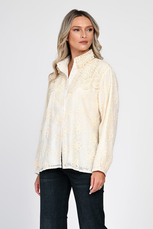 Cămașă damă crem cu broderie și dantelă Nadia Natalee Fashion