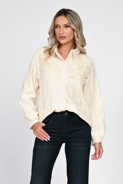 Cămașă damă crem cu broderie și dantelă Nadia Natalee Fashion